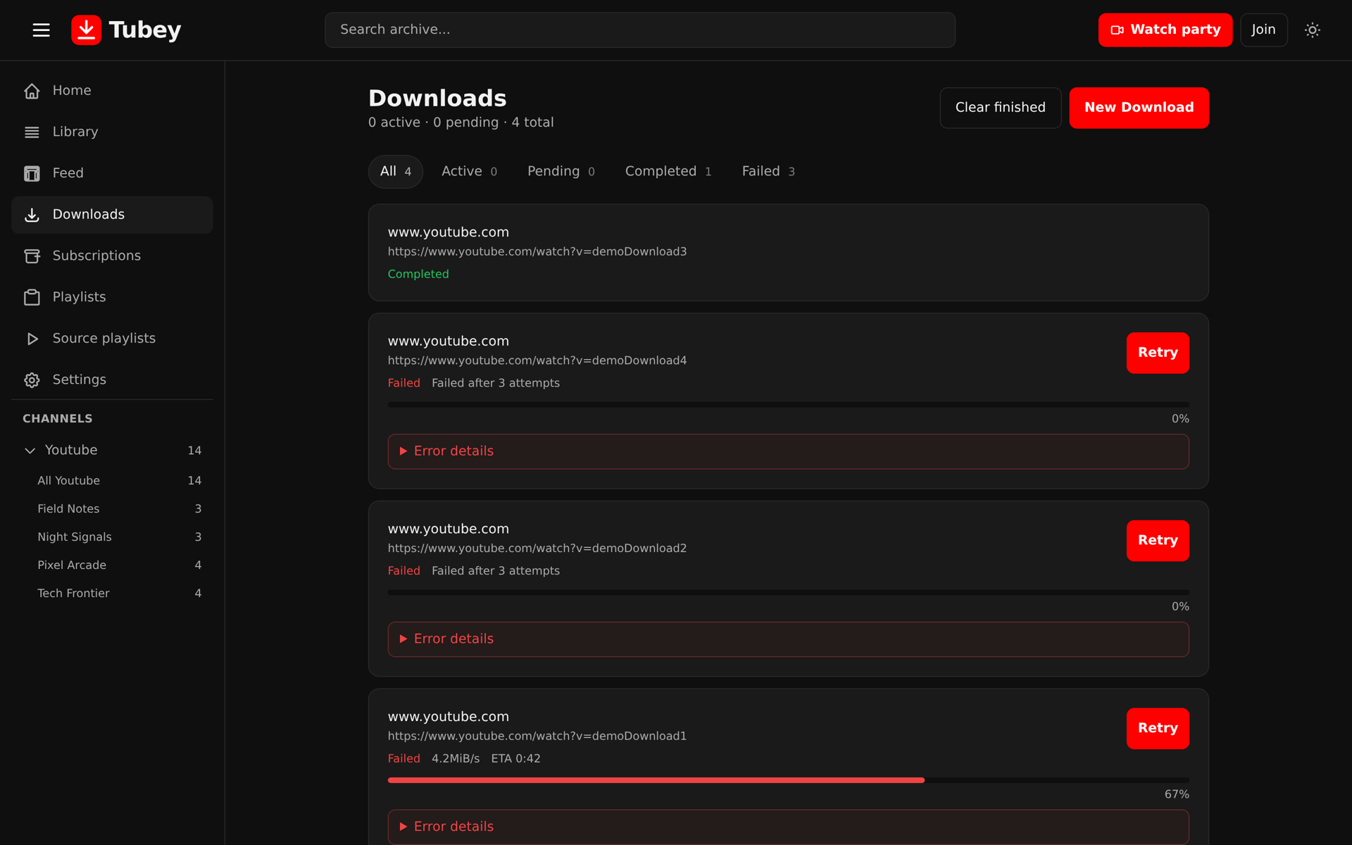 Tubey downloads page showing the download queue with progress, speed, and status