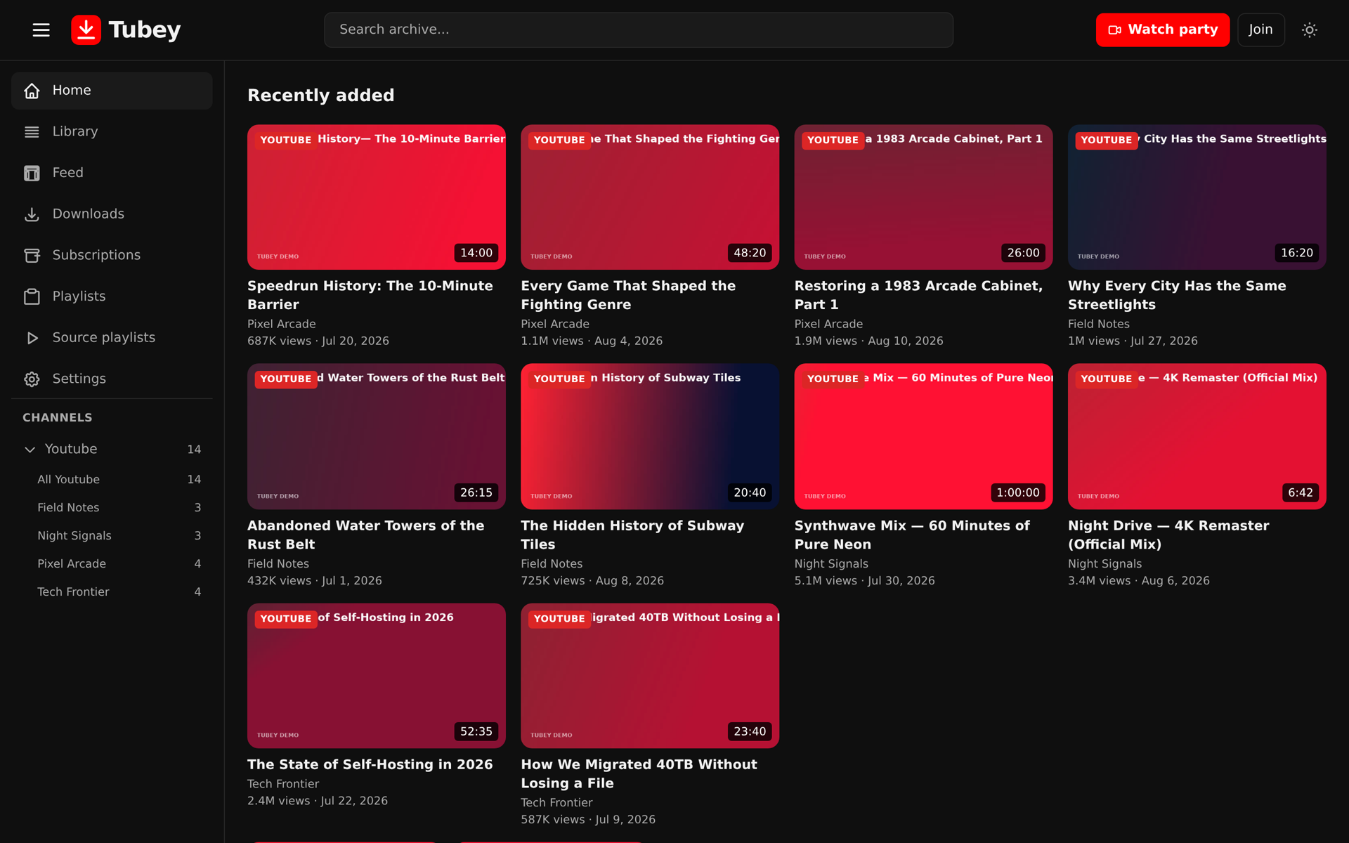 Tubey home page showing the video library with recently archived videos, shorts, and channel shelves