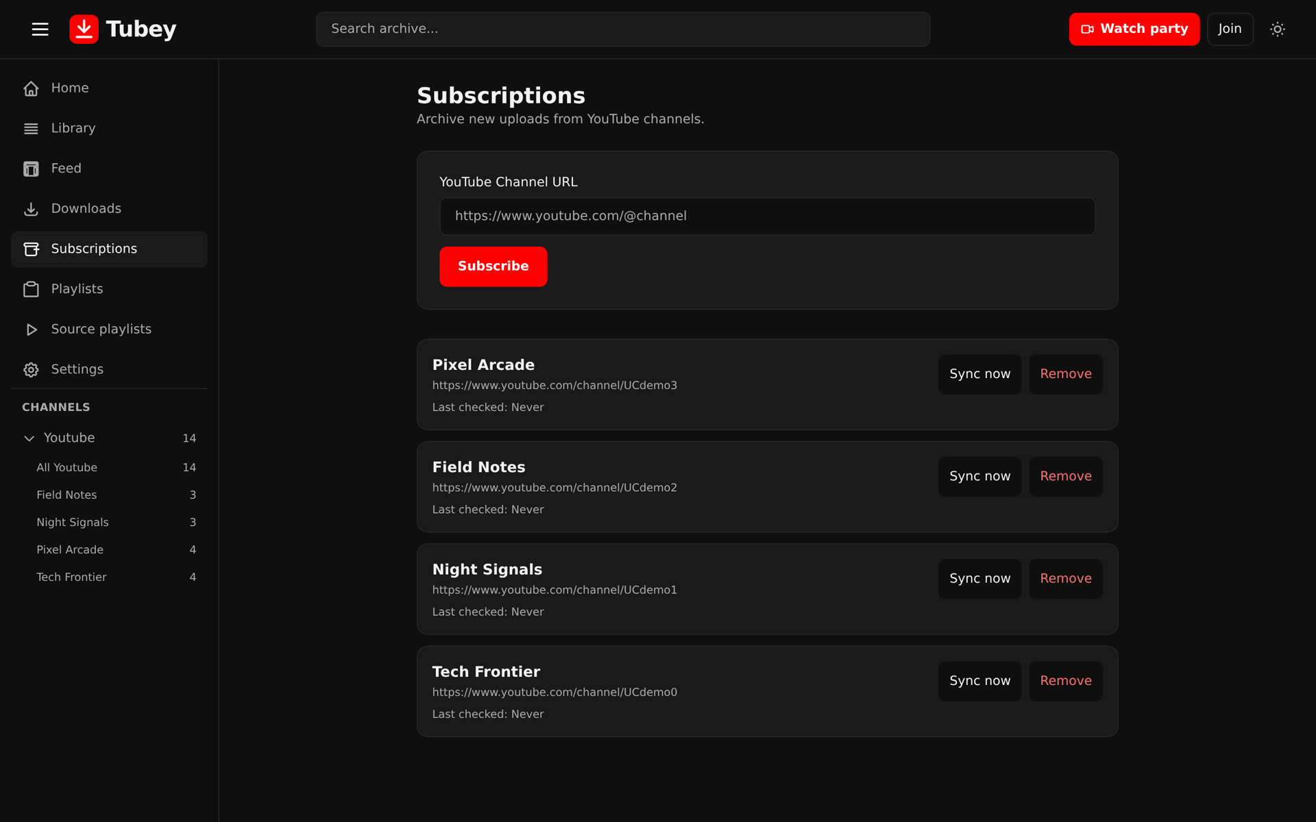 Tubey subscriptions page listing subscribed channels