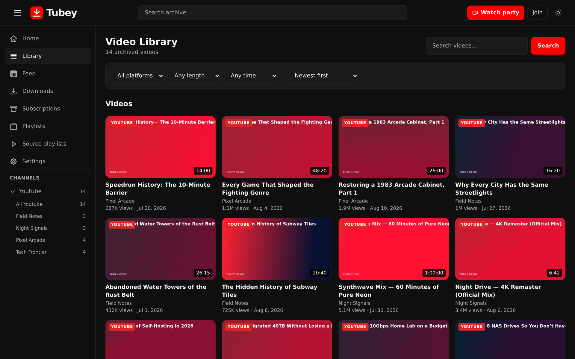 Tubey video library with a searchable grid of archived videos, tags, and filters