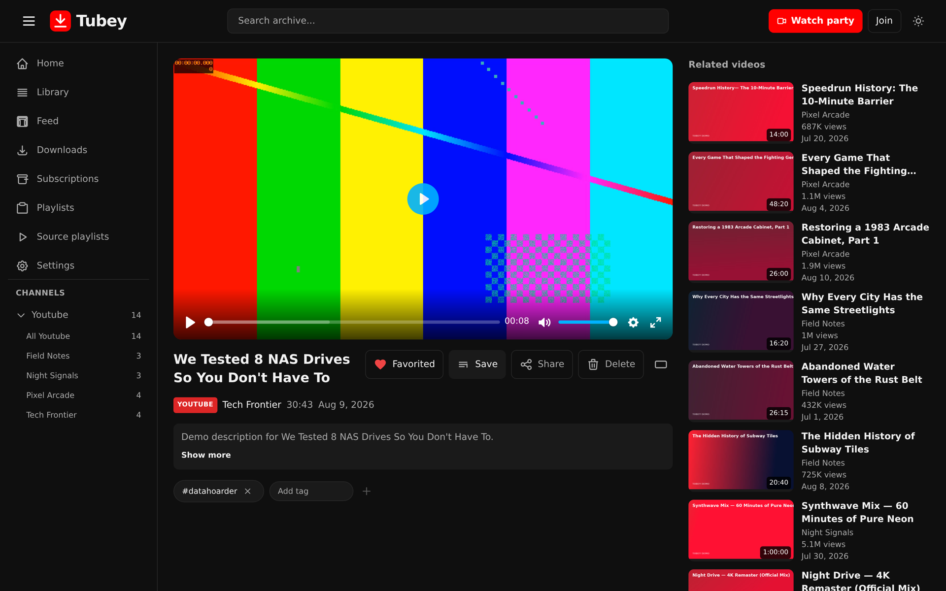 Tubey video player showing an archived video with subtitles, progress bar, and related videos